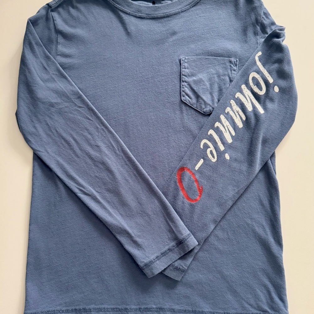Iconic Johnnie-O Blue Long-Sleeve Pocket Tee with sleeve script and surf logo